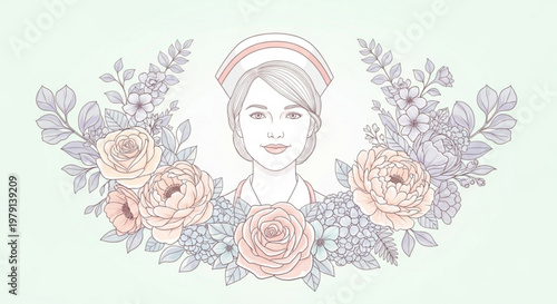 Portrait of nurse with vintage floral frame in elegant line art style