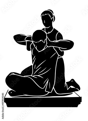 Solid black silhouette of a traditional Thai massage session. A female therapist is performing a stretching technique on a male client, illustrating a professional spa treatment, wellness therapy, and