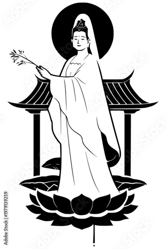 Guanyin Goddess of Mercy standing on lotus flower holding willow branch, halo and pagoda temple background with stars, bold black ink illustration isolated on background
