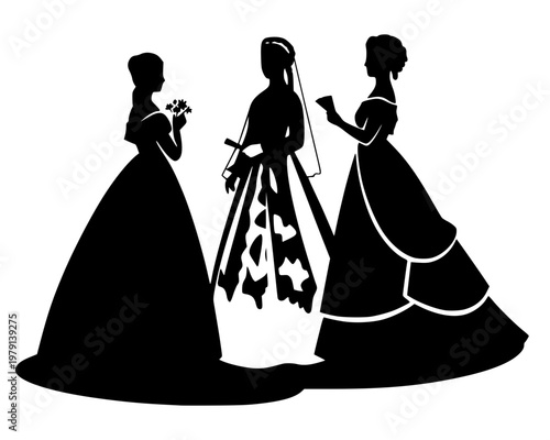Bride with veil and floral train flanked by two bridesmaids holding bouquet and glass, elegant Victorian wedding ceremony silhouette illustration isolated on background
