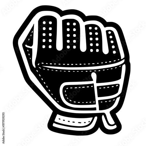 High-contrast black and white vector illustration of a protective combat sports glove. Clean graphic icon of open-finger MMA or grappling gear, featuring textured padding and wrist straps, ideal for m