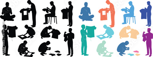 Vector silhouettes of people with T-shirts. Icon set showing figures holding, folding, and screen printing custom apparel. Concept for DIY fashion, print on demand and clothing business