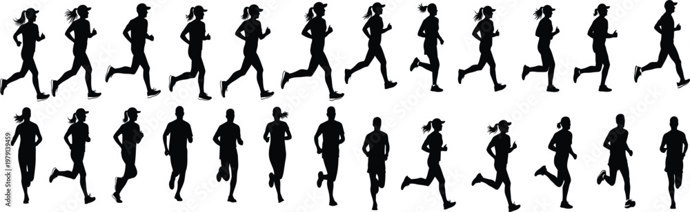 Fototapeta premium Side View Running Silhouettes Vector Pack, Male and Female Jogger Motion Sequence Collection Isolated