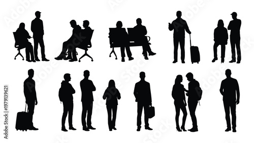 A collection of black silhouettes depicts various people engaged in different activities from waiting to walking and conversing high quality professional