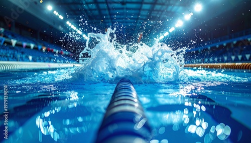 Swimmer dives into a crowded aquatic sports pool with lanes and blue lights.