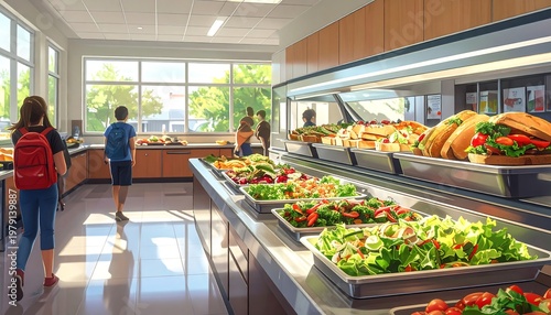 A school cafeteria with students and food