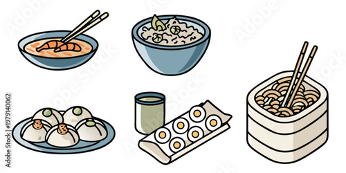 A set of japanese food item vector illustration.