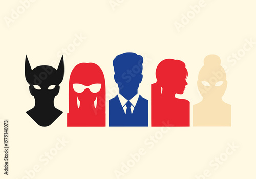 Minimalist Flat Design Silhouettes of Superheroes, Secret Agents, and Business Professional; Diverse Team Identity Concept with Masked Characters and Alter Egos