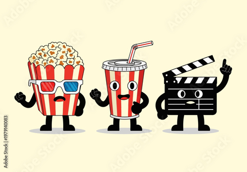 Cute Cinema Characters Set: Popcorn in 3D Glasses, Soda Cup, and Movie Clapperboard - Fun Flat Vector Illustration for Movie Night and Film Entertainment