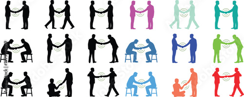Handshake silhouettes vector icon set. Businessmen making an agreement, deal, or partnership. Includes standing, sitting and walking poses for concepts of negotiation and recruitment