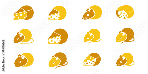 Minimalist cheese and mouse logo set in yellow tones, featuring playful flat icons ideal for food branding, dairy products, and creative business identity design.