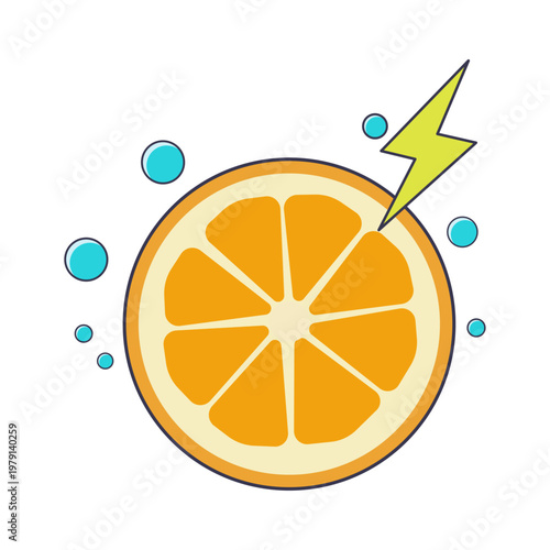 Electric Orange Fruit Slice With Lightning Bolt And Bubbles