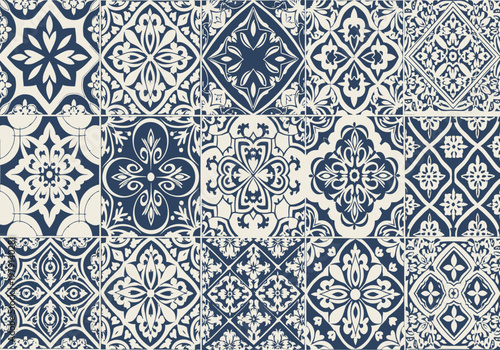 Navy Blue and White Traditional Mediterranean Ceramic Tile Pattern Seamless Background Texture
