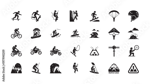 Adventure sports icons, extreme activities symbols, 25 black silhouette graphics, outdoor recreation signs, action sports illustrations