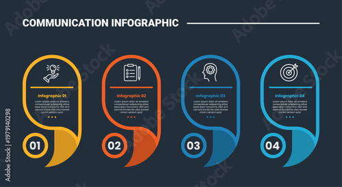 Communication concept infographic process diagram with creative quote sign symbol as big box container on horizontal lined up with dark background bright outline style 4 points