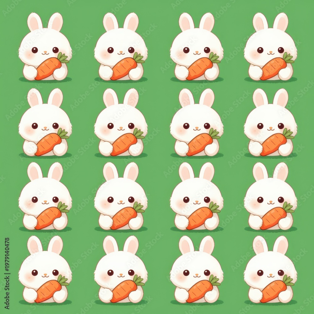 Obraz premium Cute White Rabbits Holding Carrots on Green Background