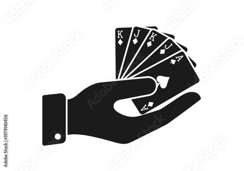 Hand Holding Playing Cards Silhouette, Poker Hand Icon for Casino and Gambling Design