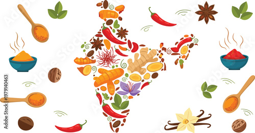 India Map Made of Spices Collection with Herbs Chili Turmeric Ginger and Seasonings Food Concept Flat Vector Illustration Set