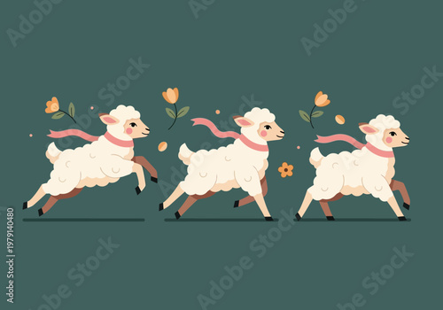 Cute Running Lambs Vector Illustration: Three Little Sheep Jumping with Pink Scarves and Spring Flowers on Dark Green Background
