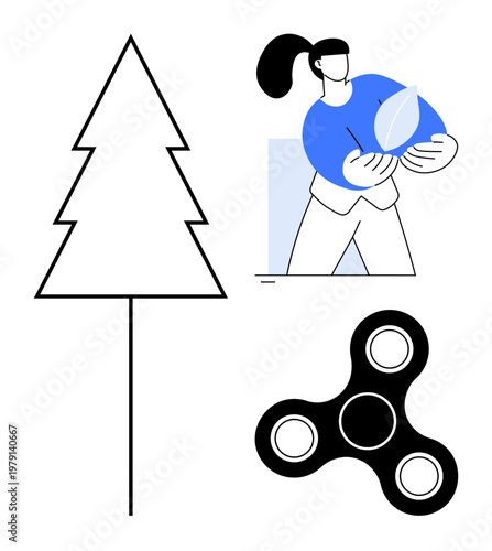 Sustainability, mindfulness, recreation, eco-consciousness, stress relief, lifestyle choices. A person holds a leaf, a tree outline and a spinner. Sustainability and mindfulness