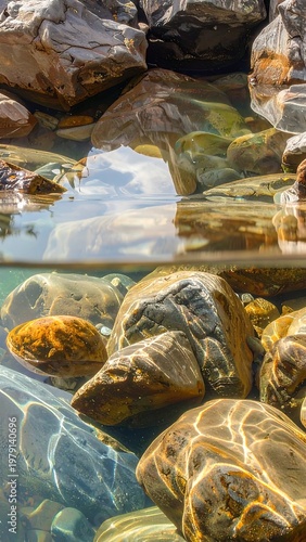A serene and clear body of water with smooth rocks