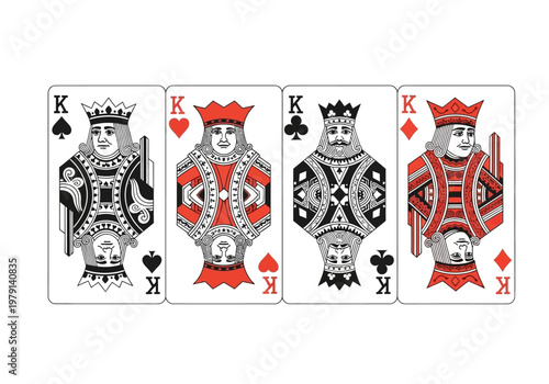 Set of Four King Playing Cards Spades Hearts Clubs and Diamonds Vector Illustration - Four of a Kind Poker Hand on White Background