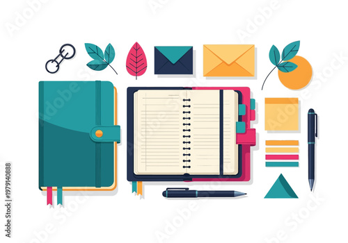 Flat Lay Stationery Vector Set with Planner, Notebook, Pens, and Envelopes