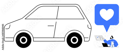 Car sharing, vehicle rental, online booking, digital platforms, mobility services, eco-friendly travel. Minimalistic car with a heart icon and man using a laptop. Car sharing and vehicle rental