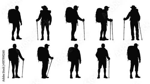 A collection of silhouettes depicting hikers with backpacks and walking poles in various poses and perspectives high quality professional detailed modern