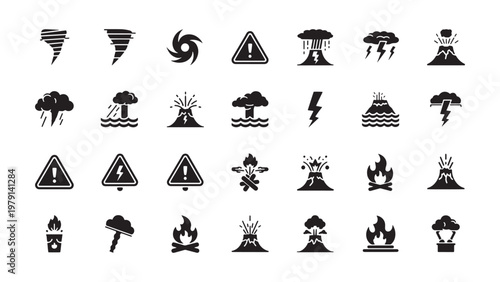 Weather warning icons, storm symbols, disaster signs, hazard markers, 25 black vector graphics