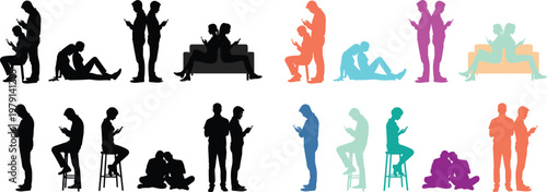 Vector set of people silhouettes using smartphones. Figures standing & sitting with mobile phones. Concept for social media addiction, digital communication and modern relationships