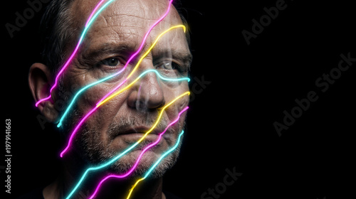 Portrait of a mature man with colorful glowing neon lines across his face representing biometrics, cyber security or digital identity scanning. Generative AI.