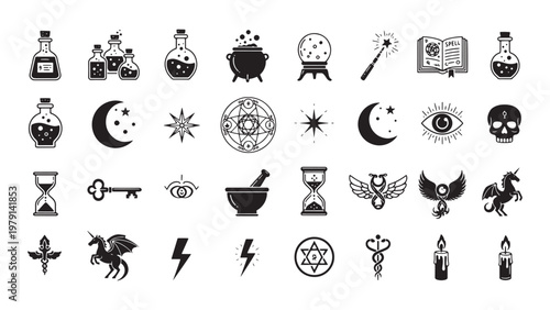 Witchcraft, magic, mystical icons set, 25 black vector symbols