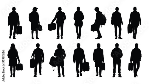 A collection of silhouetted figures predominantly business people walking and carrying briefcases in a minimalist style high quality professional detailed modern
