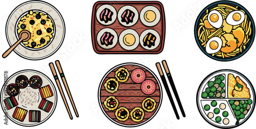 A set of popular Japanese dishes vector illustration.