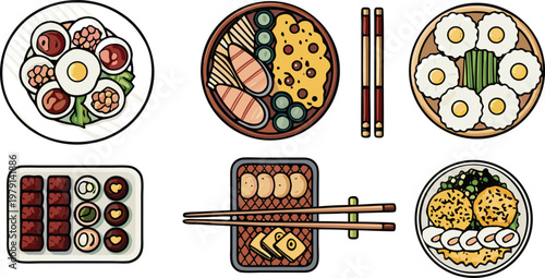 A set of popular Japanese dishes vector illustration.