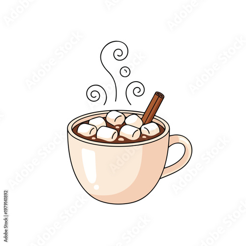 Vector illustration of a cream ceramic mug filled with hot chocolate cocoa topped with white marshmallows and a cinnamon stick, with stylized steam swirls on a white background.
