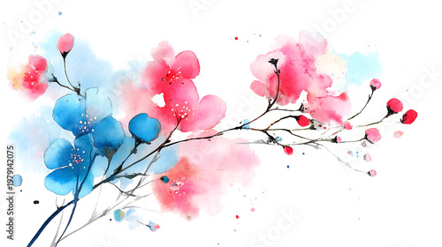 A watercolor painting of a pink and blue flower branch