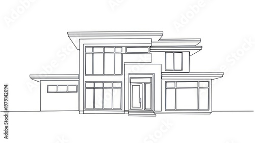 A detailed architectural line drawing of a modern two-story house with a flat roof