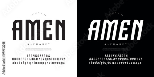 Amen bold condensed display font with modern athletic style for sport apparel and team logo