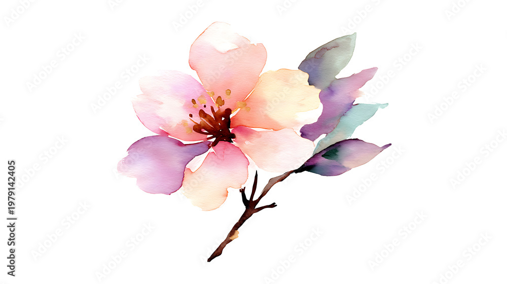Obraz premium A watercolor painting of a pink flower with a green leaf
