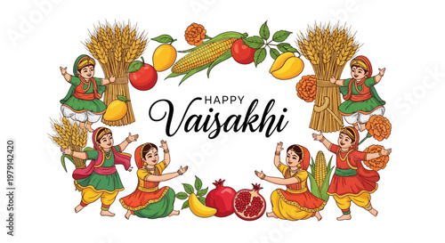 Vaisakhi celebration vector illustration featuring dancing Punjabi figures and harvest bounty arranged in a festive wreath against a white backdrop, conveying the joy of the harvest