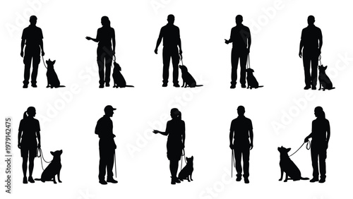 A collection of silhouettes depicting people walking their canine companions showcasing a variety of poses and interactions high quality professional detailed