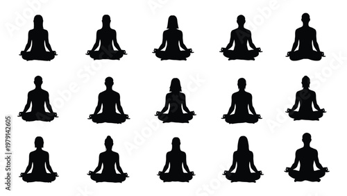 A collection of silhouettes depicting individuals in various yoga poses primarily focused on meditation and seated postures high quality professional detailed