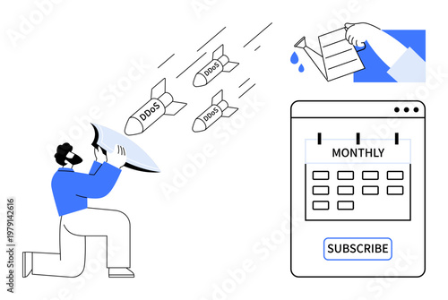 Cybersecurity, DDOS protection, subscription management, online safety, data security, digital threats. Person deflects DDOS attacks with shield, calendar shows subscription reminder. Cybersecurity