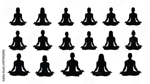 A collection of silhouette figures depicting people meditating in the lotus position showcasing a sense of calm and serenity high quality