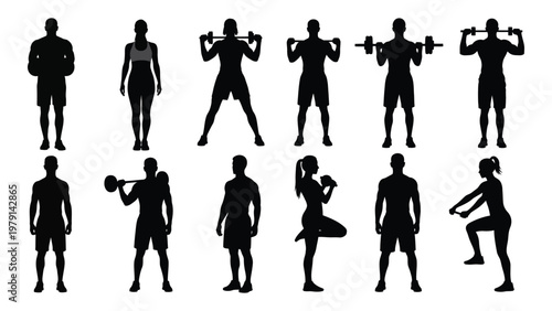 A collection of black silhouettes depicting various athletic figures engaged in weightlifting and fitness exercises high quality professional detailed modern elegant