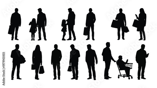 A collection of black silhouettes depicting people shopping walking and interacting in various everyday scenarios high quality professional detailed modern elegant