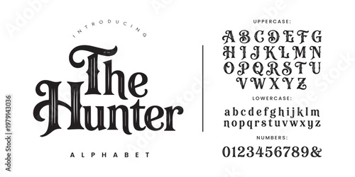 The Hunter victorian blackletter serif font with ornate flourishes for vintage label and brewery branding
