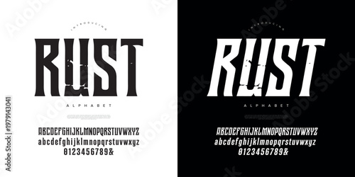 Rust industrial display font with tall condensed slab serif style for bold vintage machinery branding